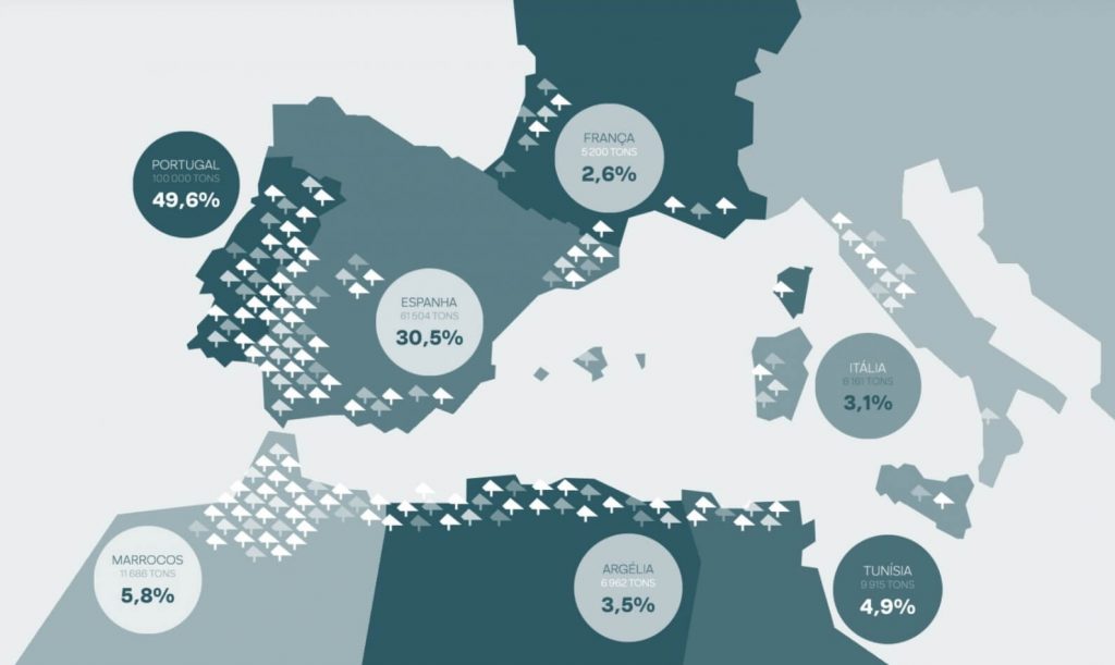 Mapa com os paises mais exportadores de cortiça
